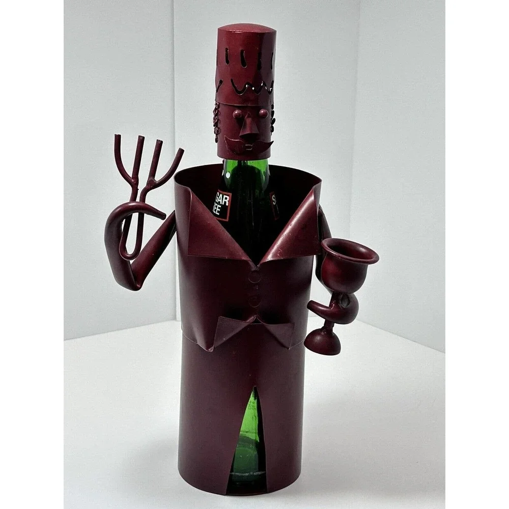 Metal Wine Bottle Holder Waiter Wearing Hat‎ & Tux Ready to Serve , Deep Maroon